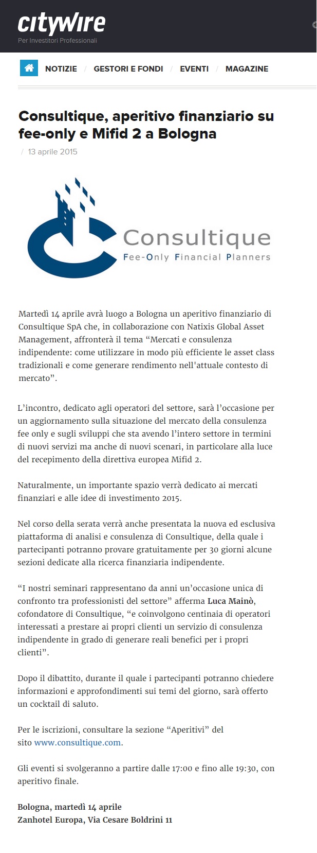 Mercati e consulenza finanziaria indipendente: <br>oggi aperitivo finanziario a Bologna