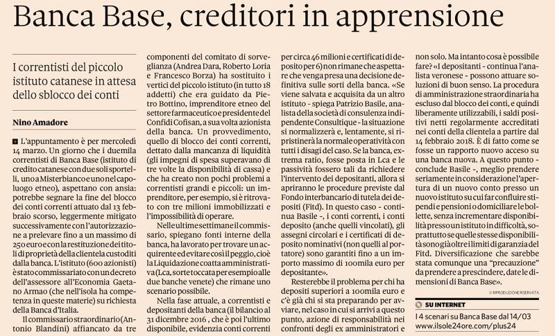 Banca Base, creditori in apprensione