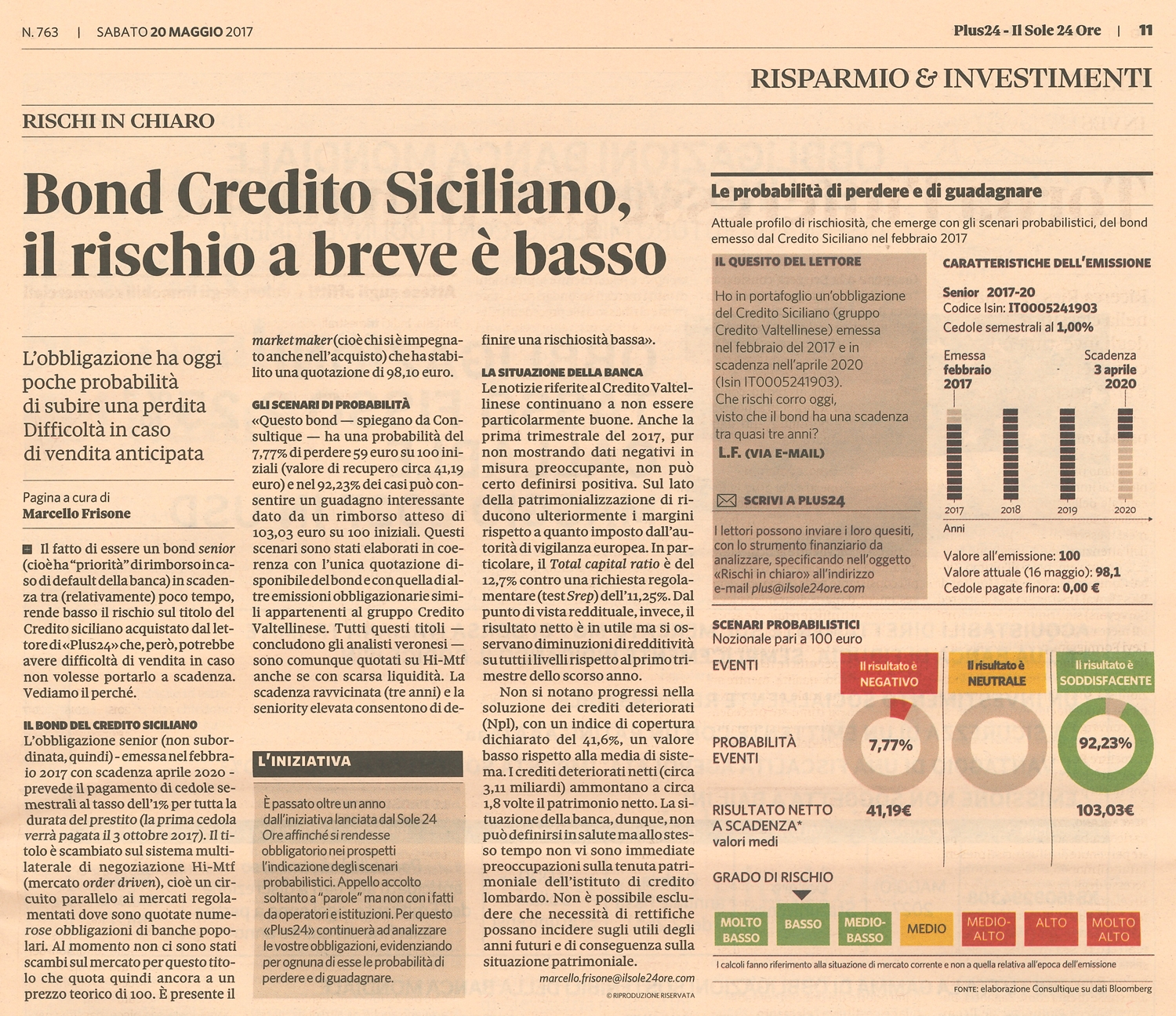 Bond Credito Siciliano, il rischio a breve è basso