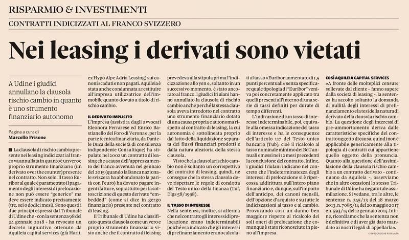 Nei leasing i derivati sono vietati