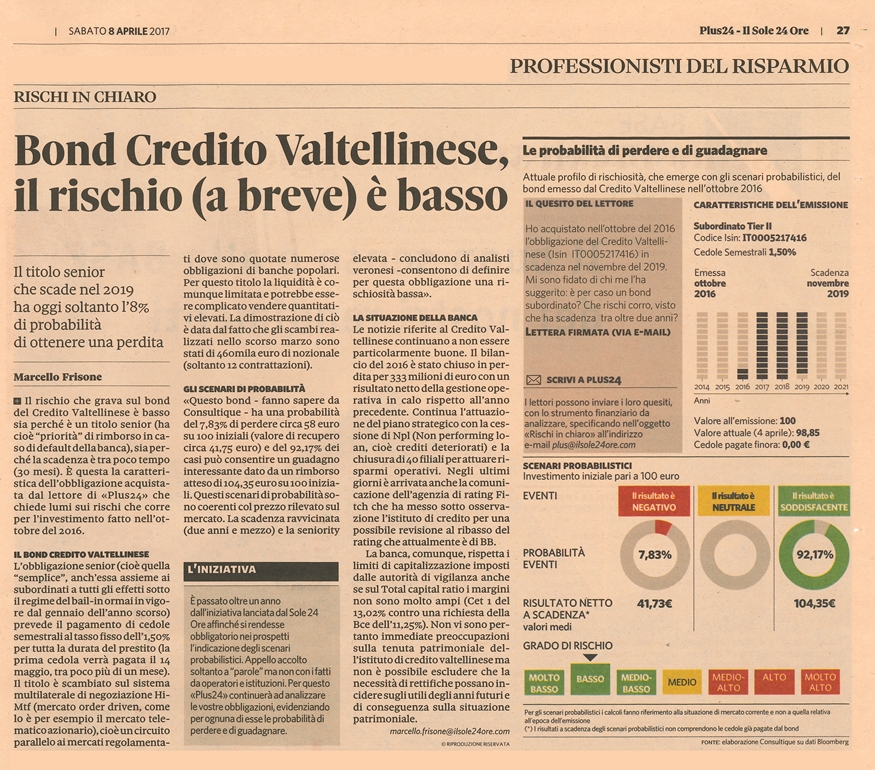 Bond Credito Valtellinese, il rischio (a breve) è basso