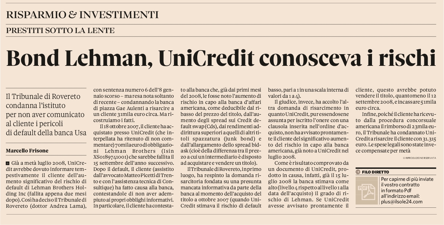 Bond Lehman, UniCredit conosceva i rischi