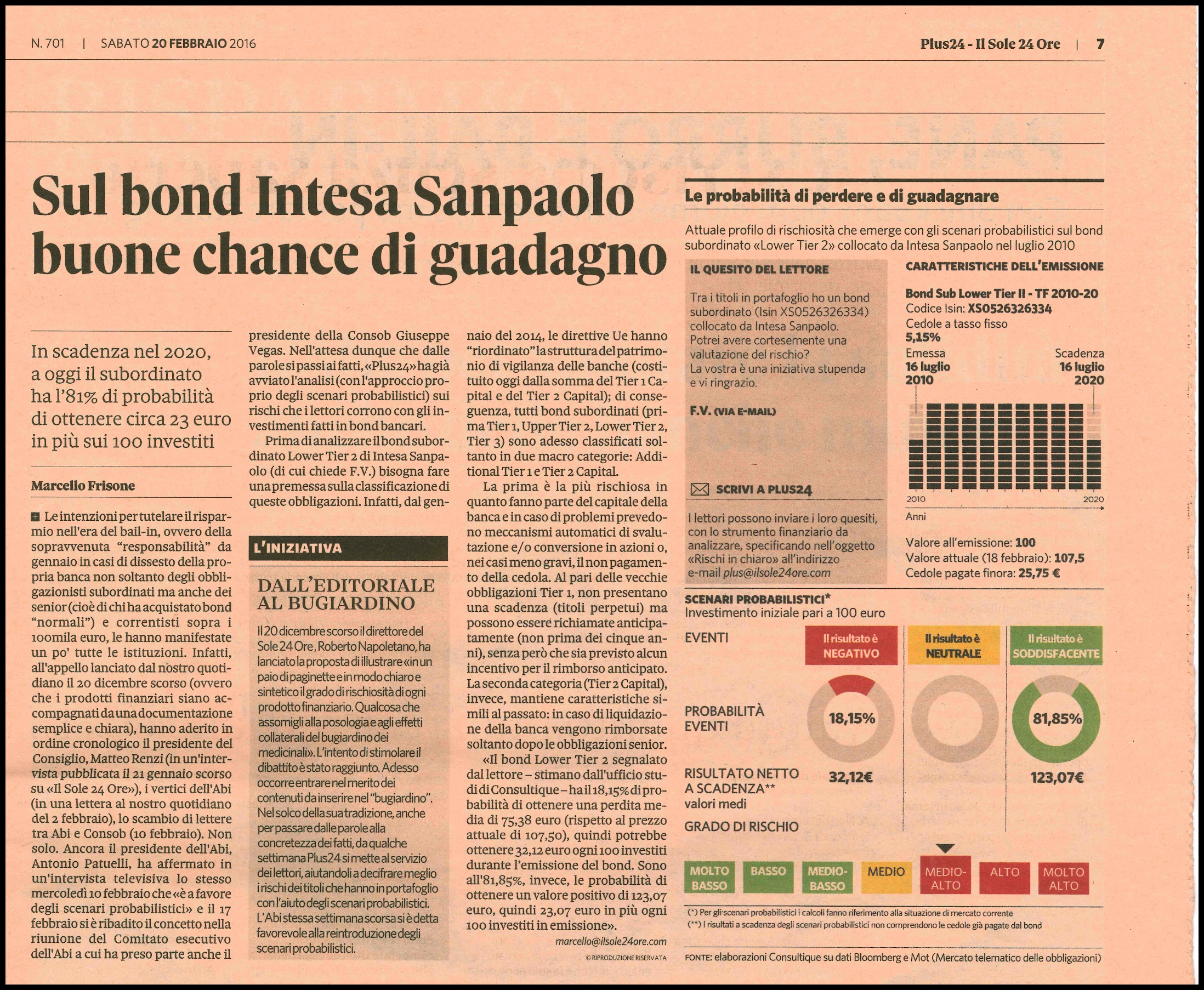 Sul bond Intesa Sanpaolo buone chance di guadagno