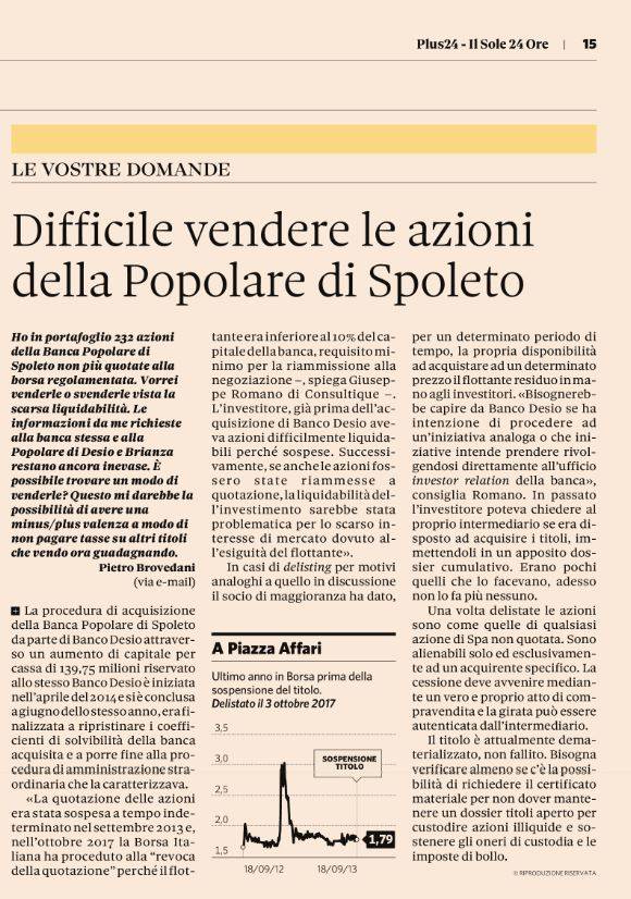 Difficile vendere le azioni della Popolare di Spoleto