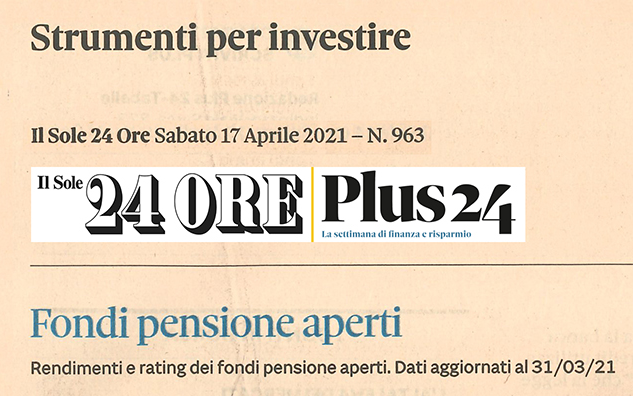 FONDI PENSIONE APERTI: SU PLUS24 IL RATING AL 31 MARZO 2021