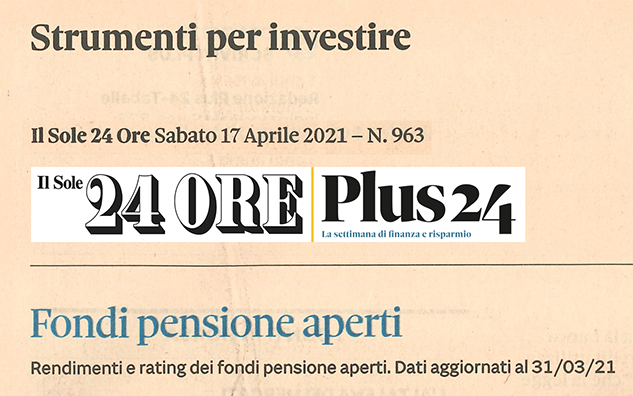  FONDI PENSIONE APERTI: SU PLUS24 IL RATING AL 31 MARZO 2021