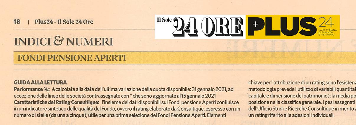  FONDI PENSIONE APERTI: SU PLUS24 IL RATING AL 31 GENNAIO 2021