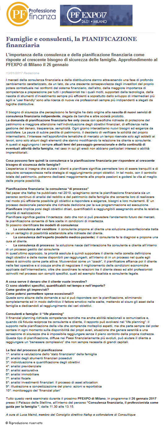 Famiglie e consulenti, la PIANIFICAZIONE finanziaria