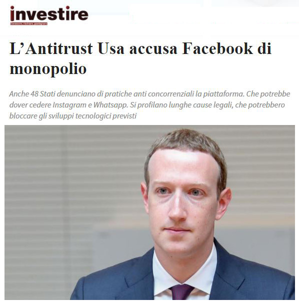 L’ANTITRUST USA ACCUSA FACEBOOK DI MONOPOLIO