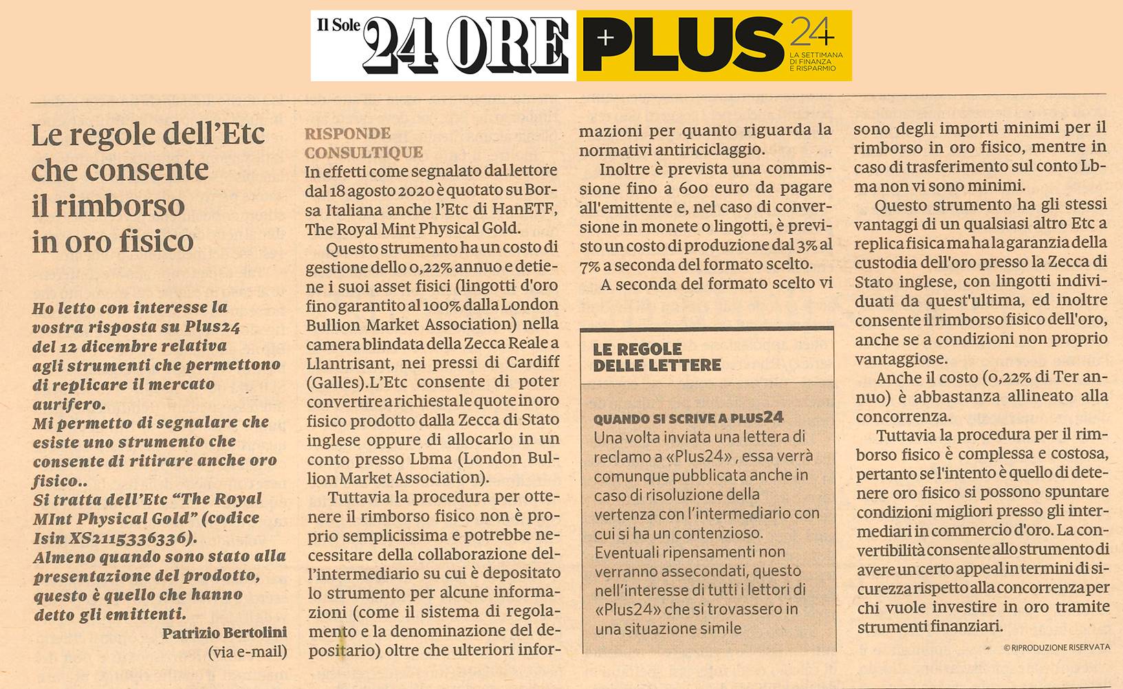 LE REGOLE DELL’ETC CHE CONSENTE IL RIMBORSO IN ORO FISICO 