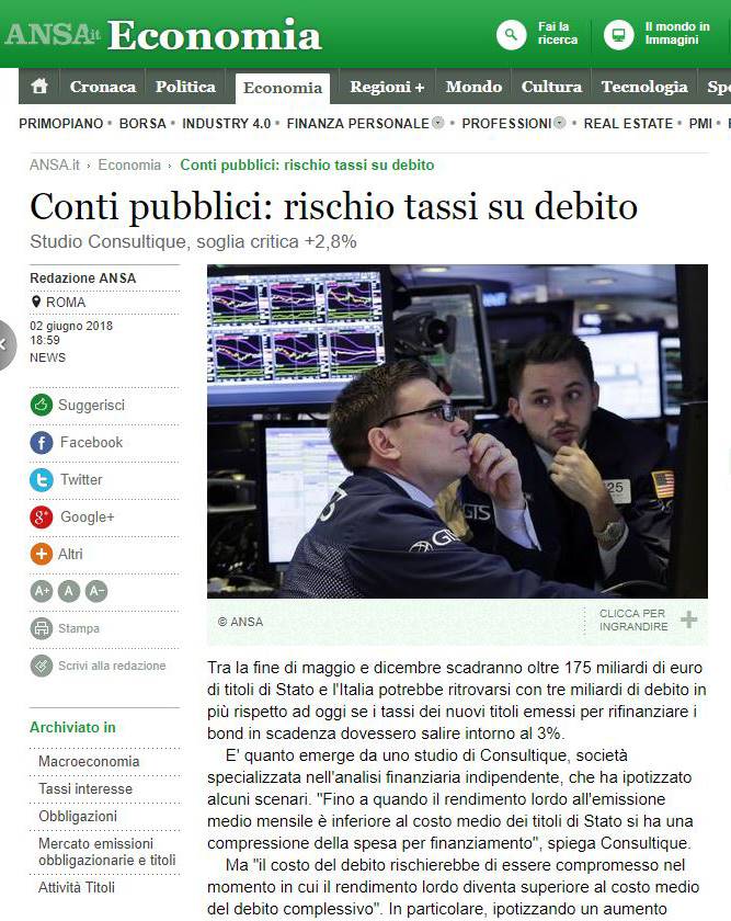 Conti pubblici: rischio tassi su debito