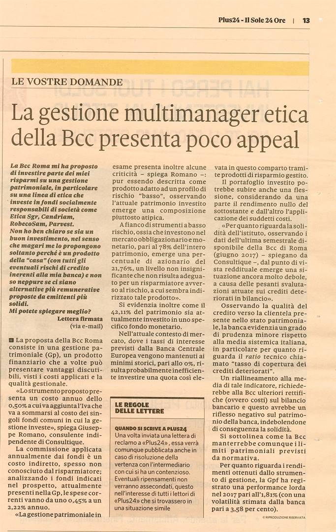 La gestione multimanager etica della Bcc presenta poco appeal