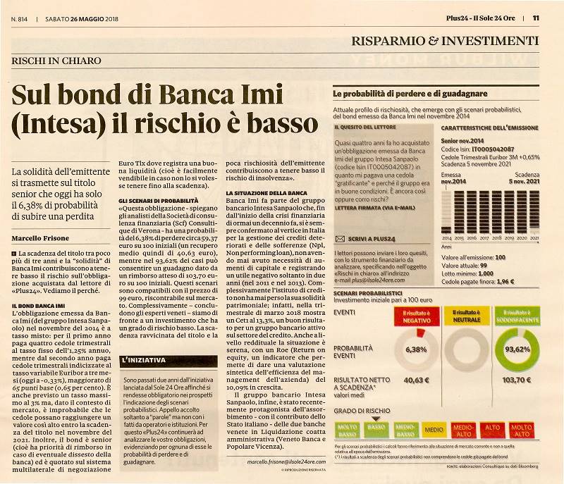 Sul bond di Banca Imi (Intesa) il rischio è basso