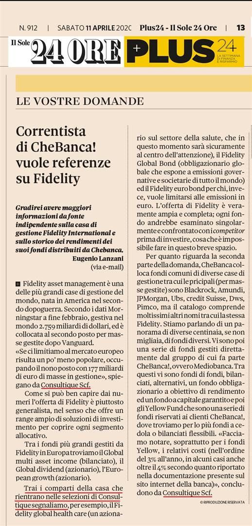 CORRENTISTA DI CHEBANCA! VUOLE REFERENZE SU FIDELITY