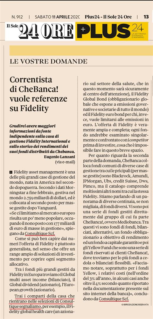 CORRENTISTA DI CHEBANCA! VUOLE REFERENZE SU FIDELITY 