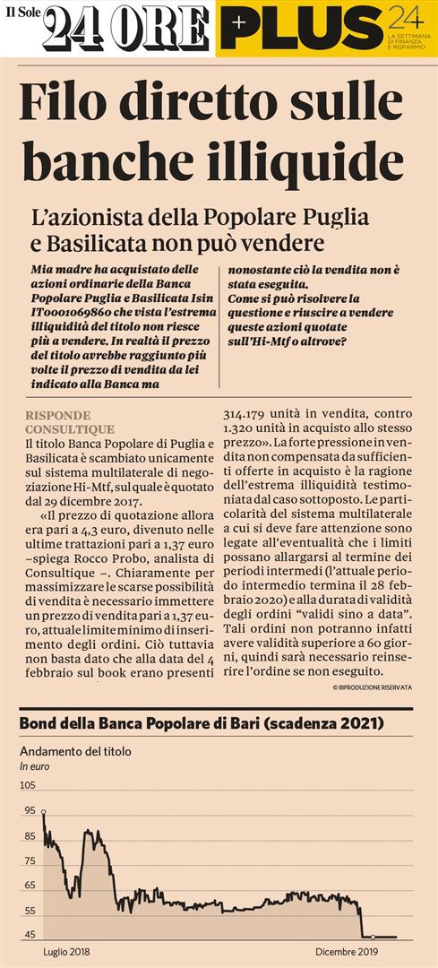 L’AZIONISTA DELLA POPOLARE PUGLIA E BASILICATA NON PUÒ VENDERE