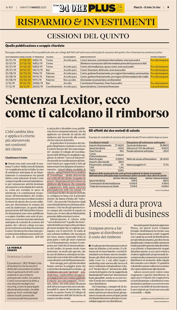 SENTENZA LEXITOR, ECCO COME TI CALCOLANO IL RIMBORSO