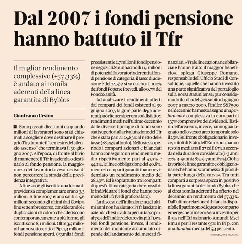 Dal 2007 i fondi pensione hanno battuto il Tfr