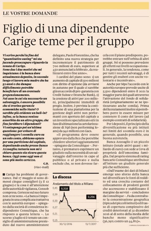 Figlio di una dipendente Carige teme per il gruppo