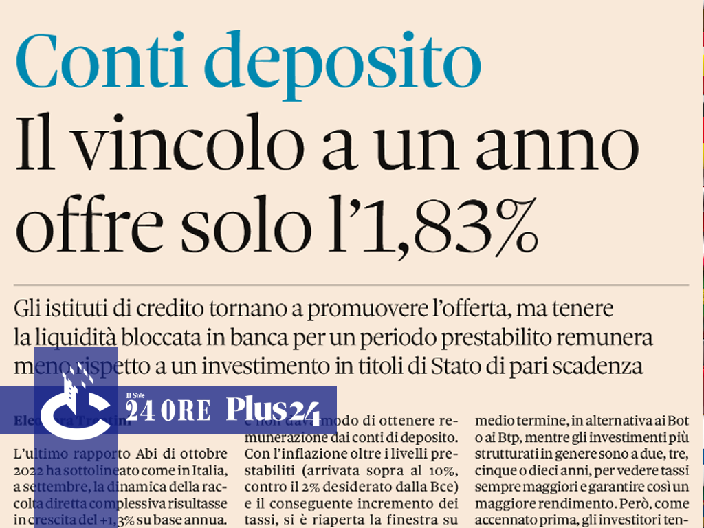 Plus24 | Conti deposito: il vincolo a un anno offre solo l’1,83%