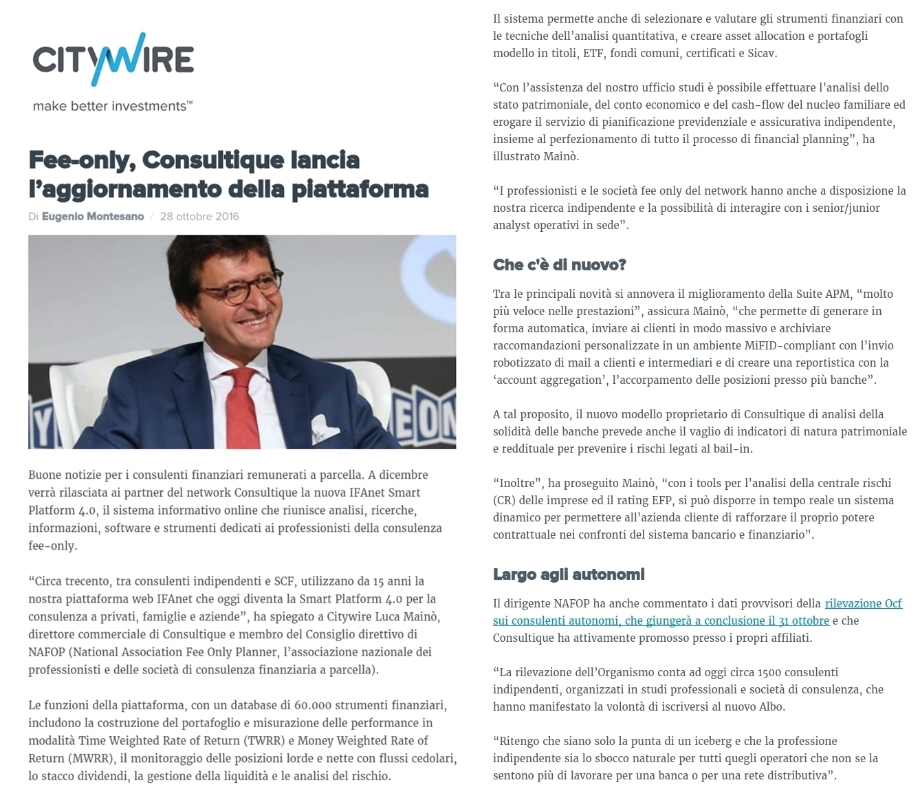 Citywire: Fee-Only, Consultique lancia l'aggiornamento della piattaforma