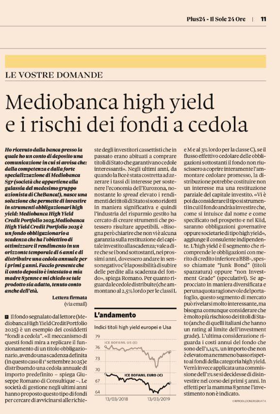 Mediobanca high yield e i rischi dei fondi a cedola