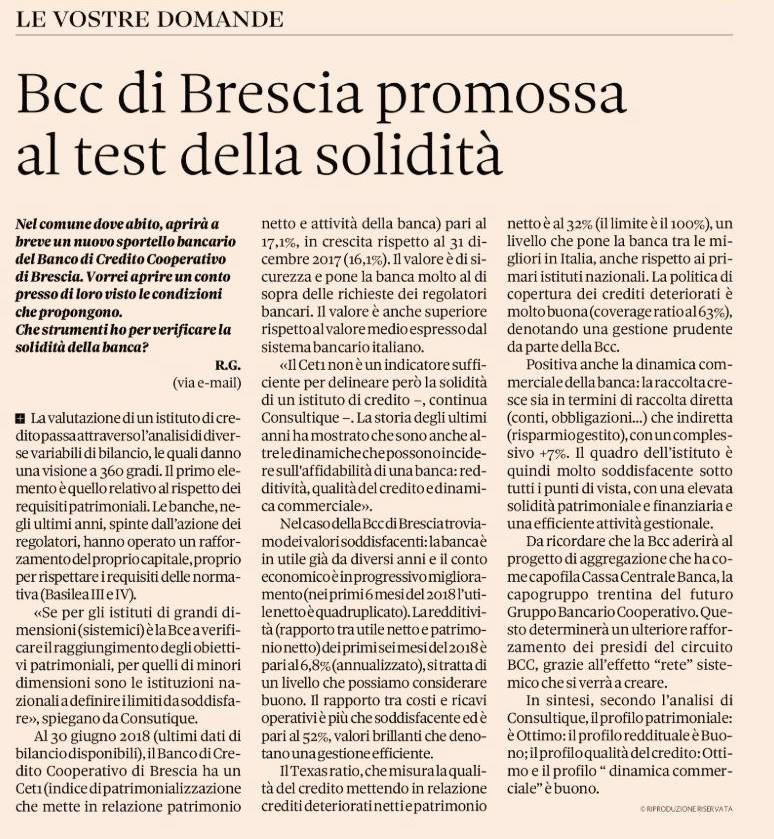 Bcc di Brescia promossa al test della solidità