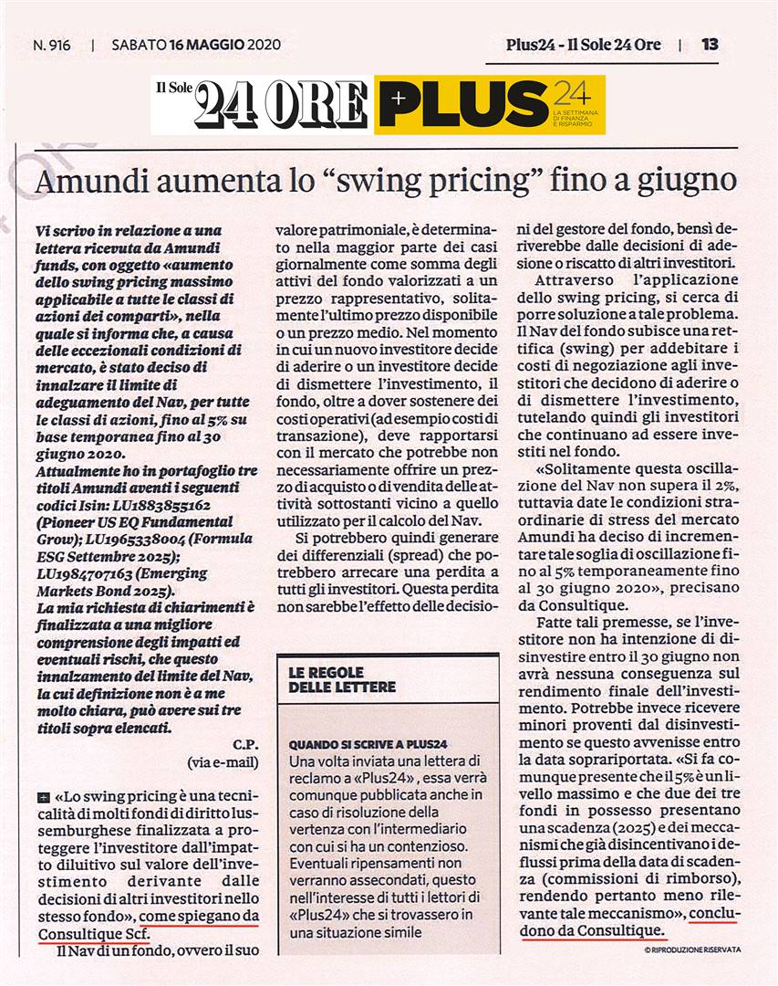 AMUNDI AUMENTA LO “SWING PRICING” FINO A GIUGNO