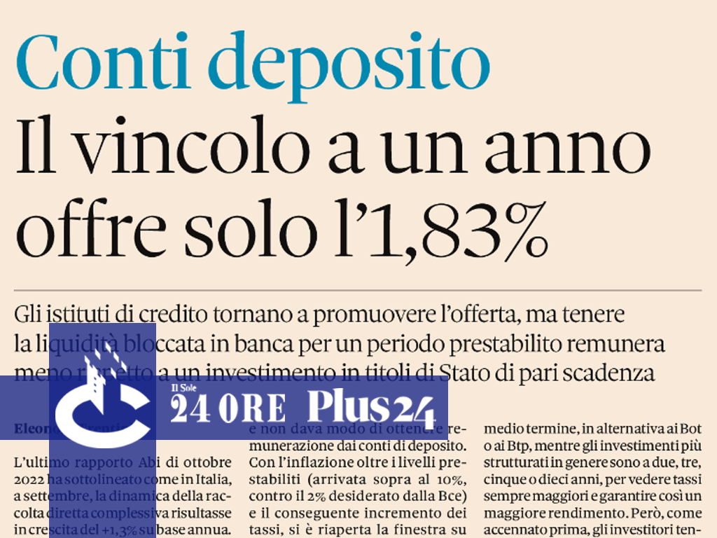 Plus24 | Conti deposito: il vincolo a un anno offre solo l’1,83%